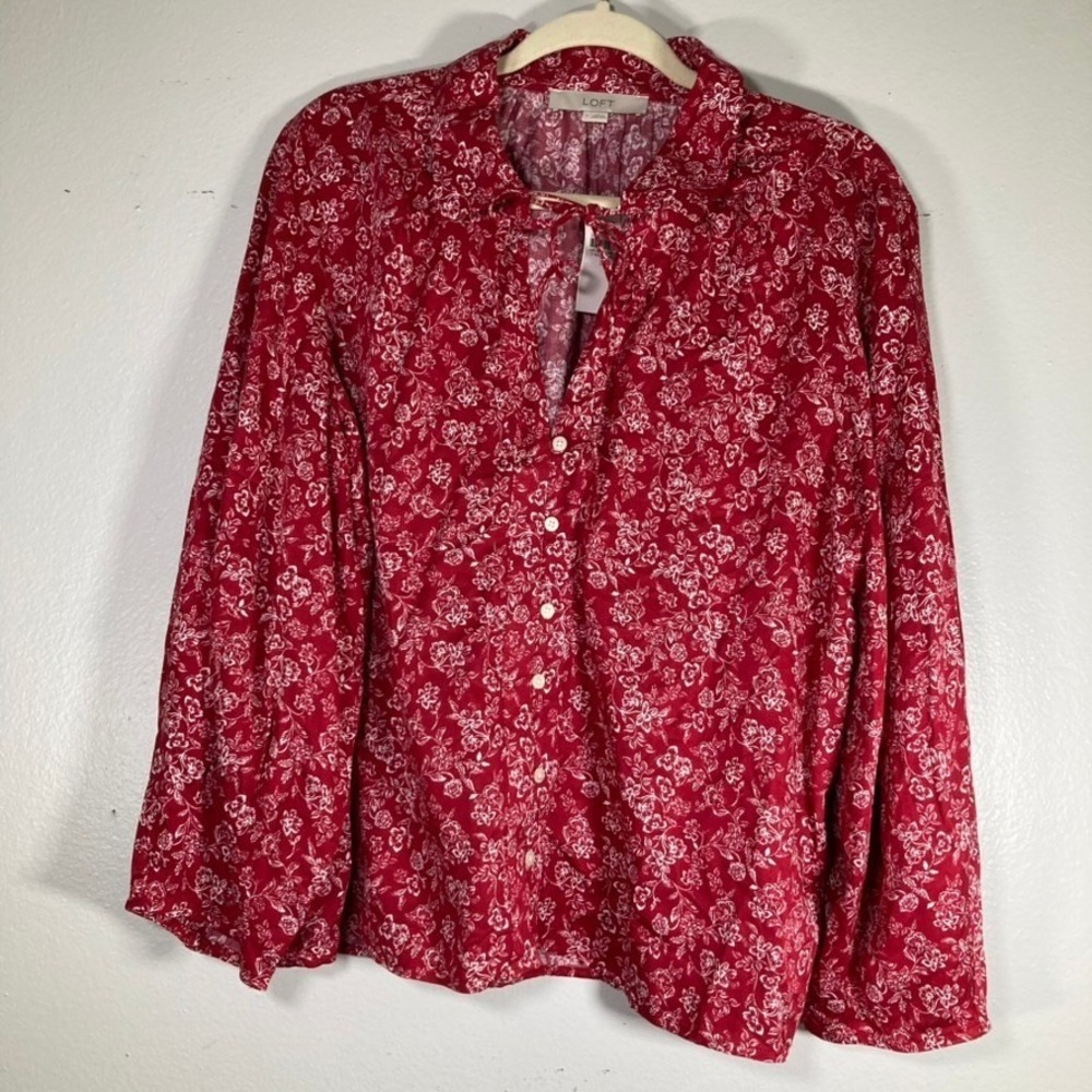 Loft Women L Red Floral Button Down Blouse Tie Neck Long Sleeve Top 38032271 L